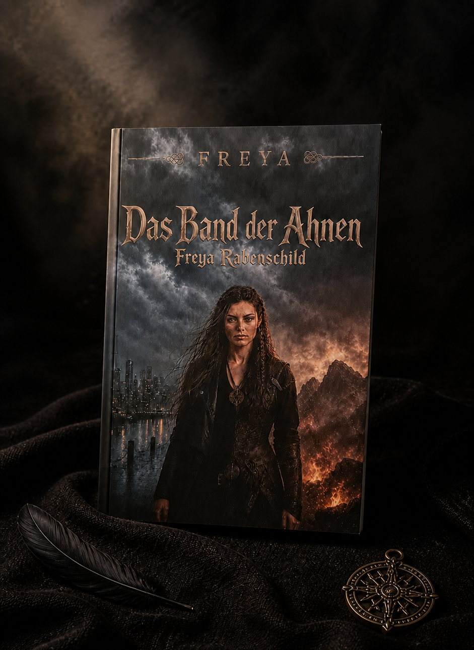 Das Buch Das Band der Ahnen von Freya Rabenschild auf dunklem Stoff mit Feder und Kompass.