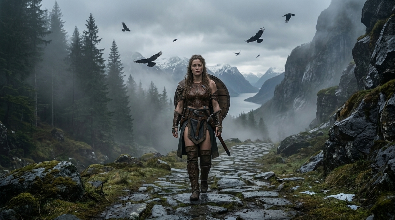 Freya zieht über einen steinigen Pfad durch eine nordische Landschaft voller Nebel und Raben.