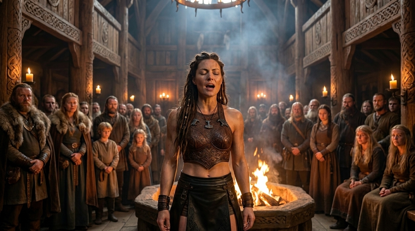 Freya singt in der Halle ihres Dorfes vor ihrem Volk am Feuer.